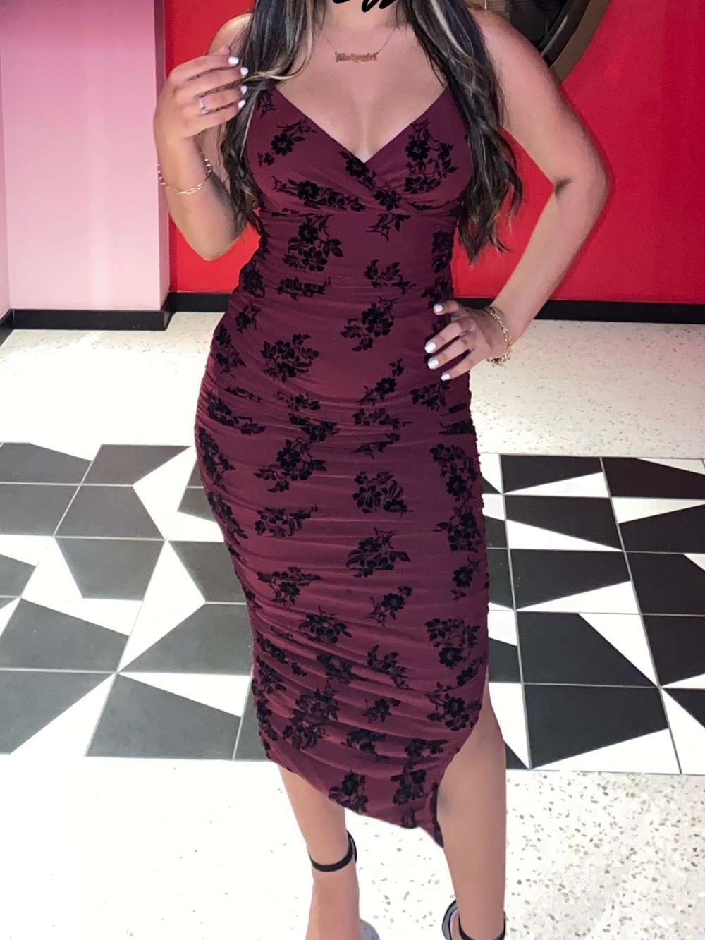 Fashion Nova Women’s Burgundy Floral Bodycon Midi Dress